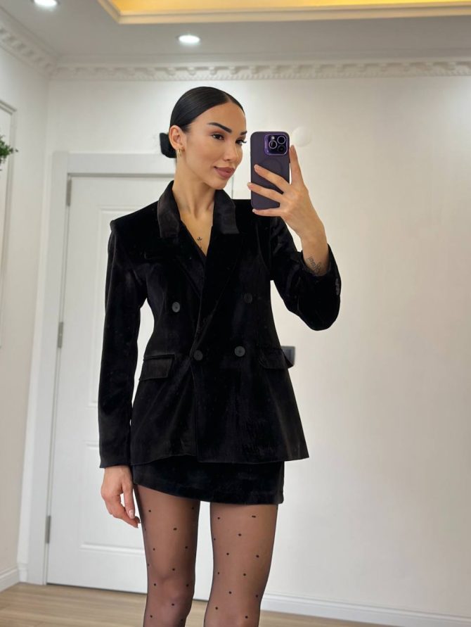 Kadife Blazer Ceket & Etek Takım